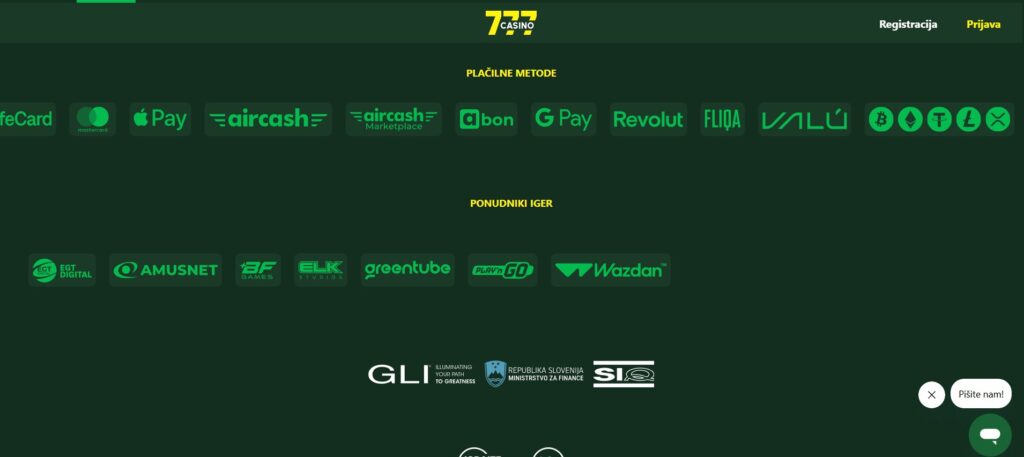 Plačilne metode v nogi strani 777Casino.si