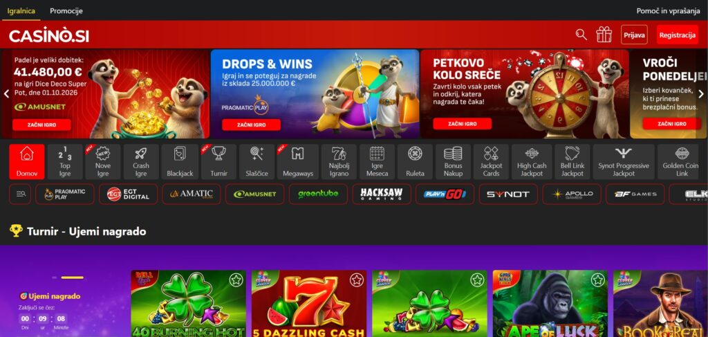 Domača stran Casino.si z vrstico ponudnikov iger