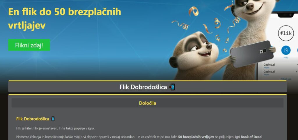 Promocija Flik dobrodošlica na Casino.si s 50 vrtljaji na igri Book of Dead
