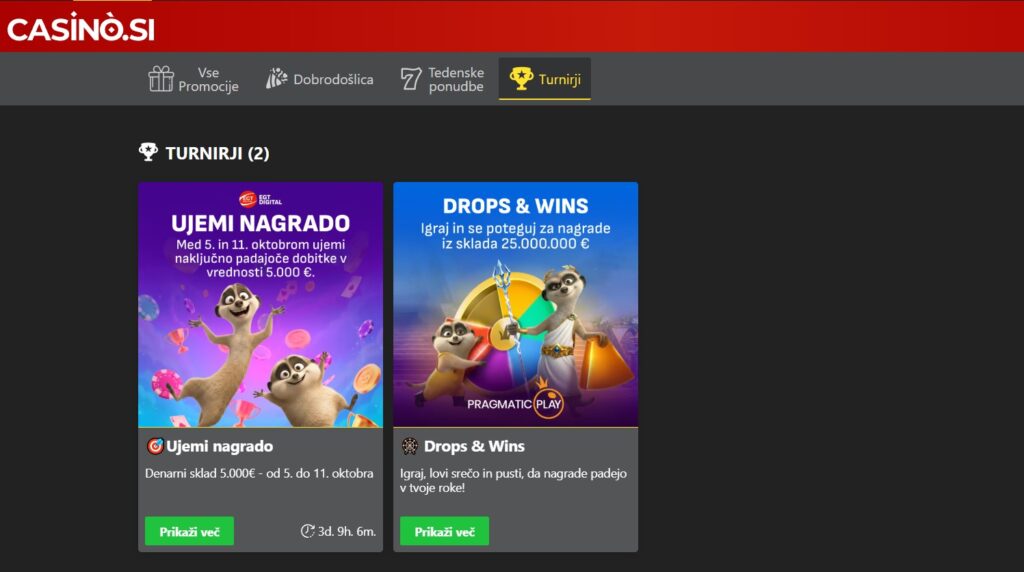 Stran Turnirji na Casino.si z akcijama Ujemi nagrado in Drops & Wins