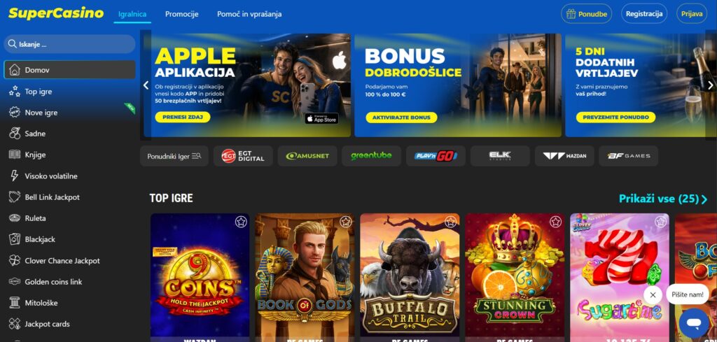 Domača stran SuperCasino.si z oglasom za aplikacijo za Apple in kodo APP