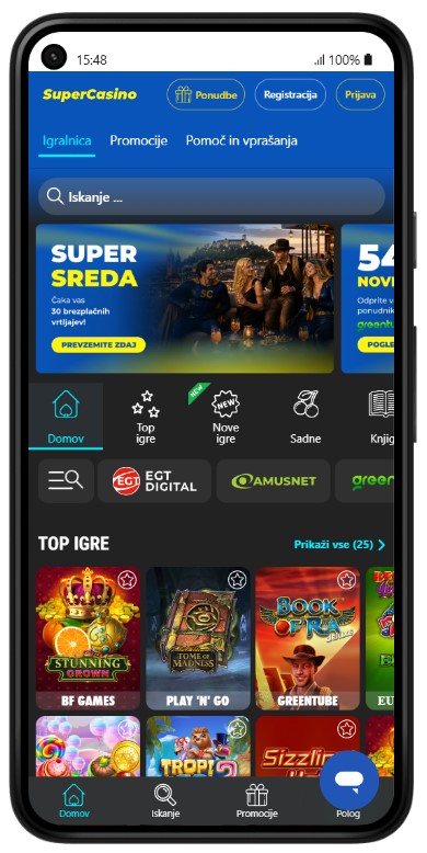 SuperCasino.si na telefonu z oglasom za akcijo Super Sreda