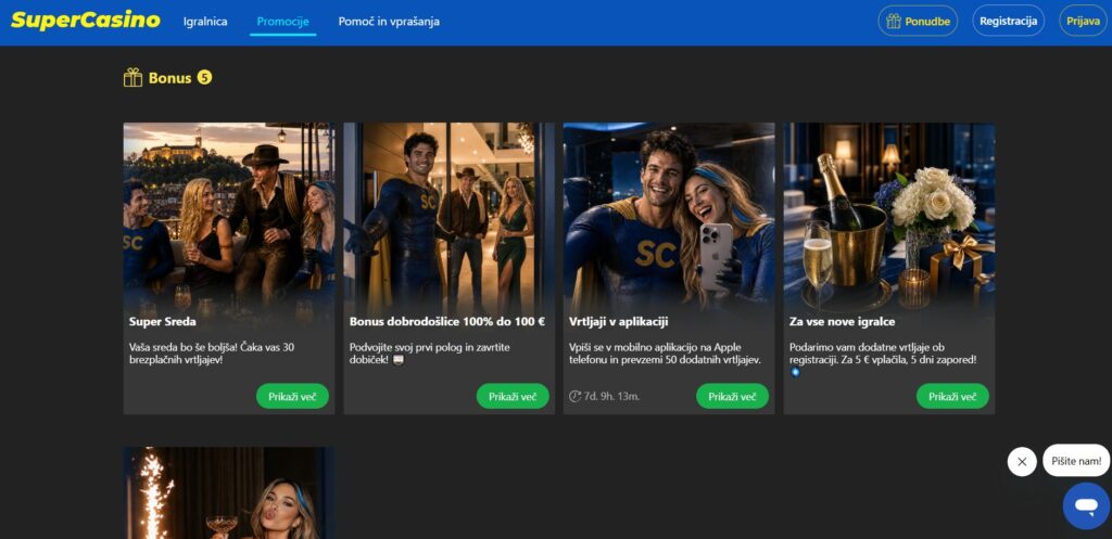 Stran Promocije na SuperCasino.si s petimi ponudbami